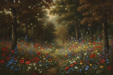 Painting of a forest clearing filled with wildflowers.